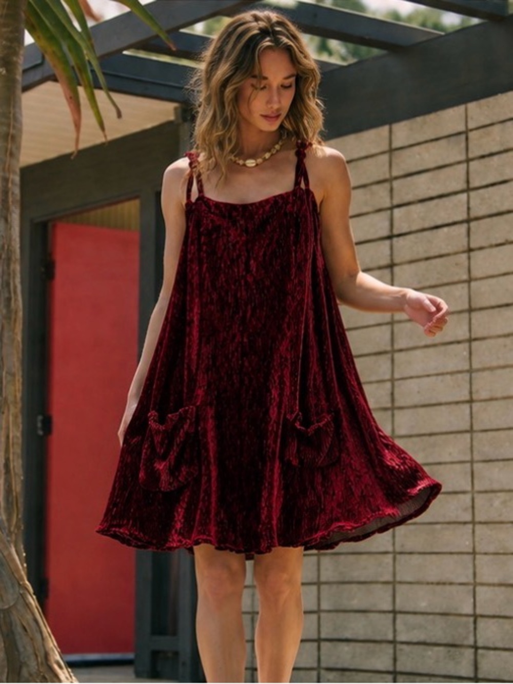 ARULA Velvet Midi Dress in Wine Red